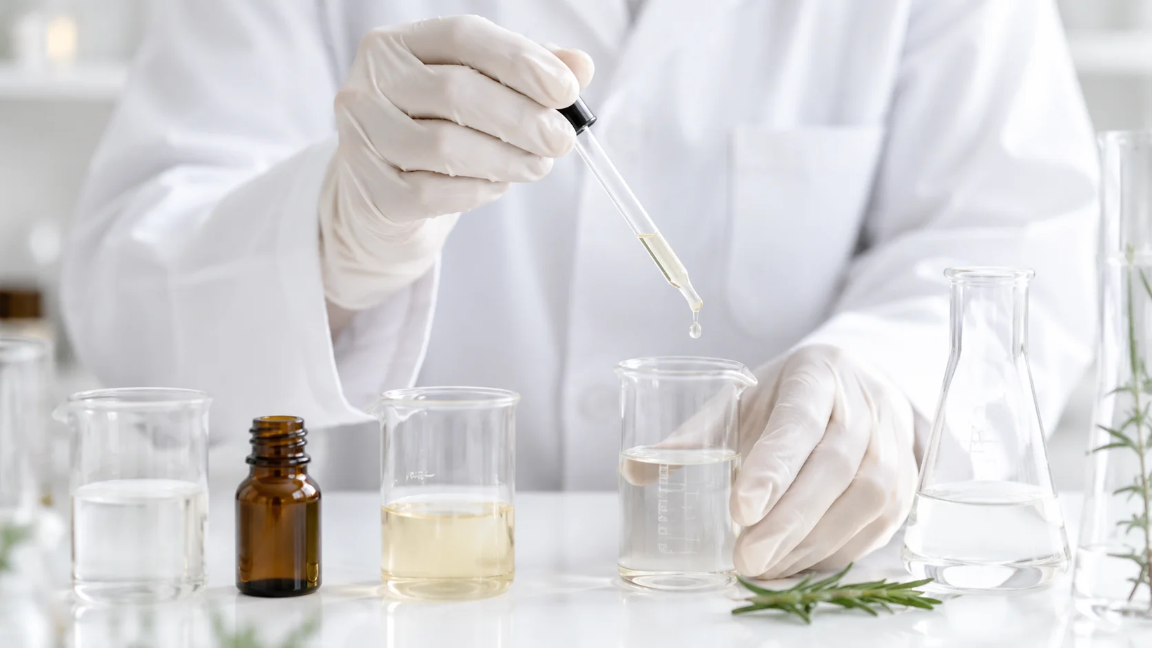 A scientist in a lab coat and gloves using a pipette to drop liquid into a beaker, surrounded by glass containers and plants.